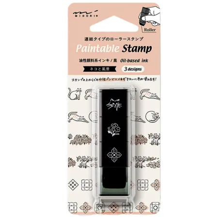 Midori Rodillo de Tres Sellos Preentintados Gato y Paisaje