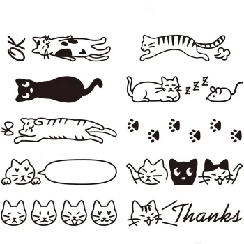 diseños incluidos en el sello pintable midori con ilustraciones de gatos dos de ellos con ok y gracias