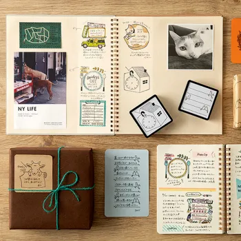 examples of midori travel-themed stamp impressions on a notebook and a present