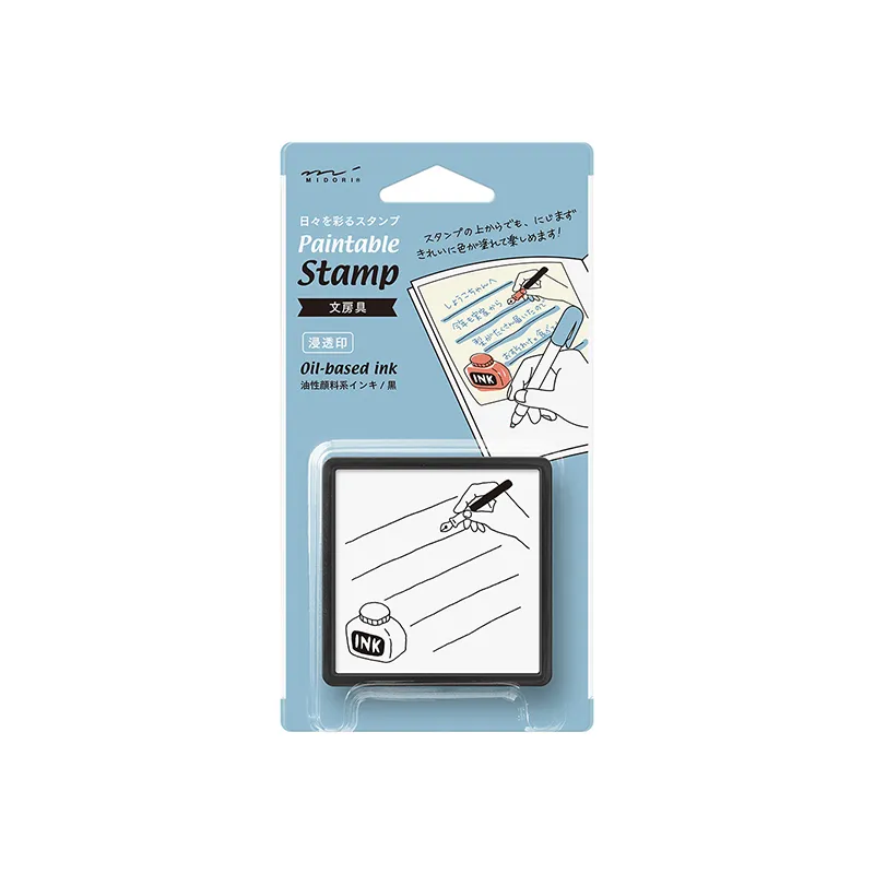 midori stationery paintable pre-inked stamp in its transparent packaging
