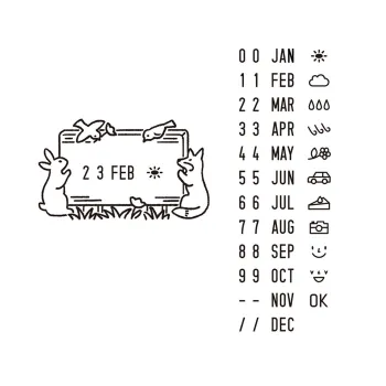sello midori animales del bosque sobre escritorio junto a cuaderno
detalle de la impresión con fecha y marco de animales