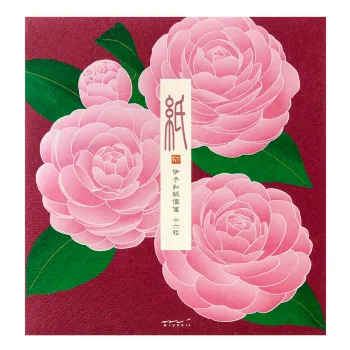 Midori Letter Pad Iyo Washi Otome Camellia cover with pink camellia flowers and traditional Japanese design