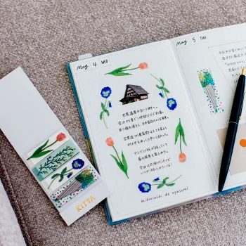 kitta washi tape integrated into a notebook page with handwriting and drawings