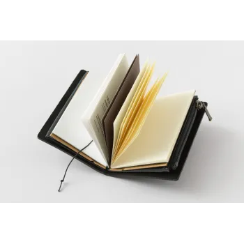 traveler's notebook card size black leather cover open with refills