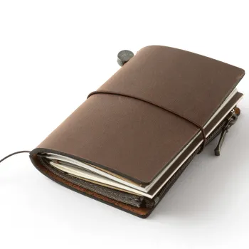 TRAVELER’S notebook Card Size Brown leather cover angled view