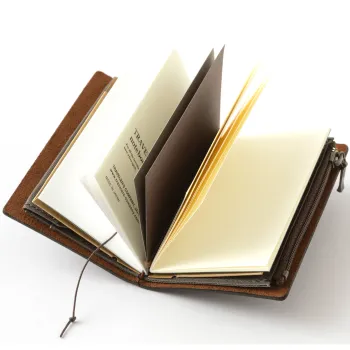 TRAVELER’S notebook Card Size Brown opened showing the modular notebook system