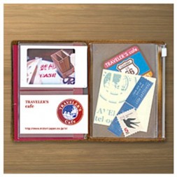 passport size zipper case refill open showing cards, stickers and coins